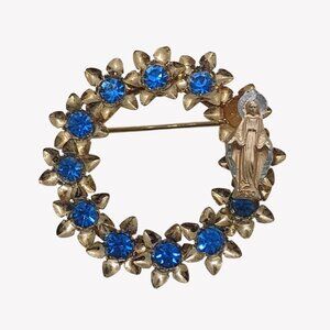 Vtg Religious Brooch Blue Rhinestone Floral Wreath Brooch w/Virgin Mary